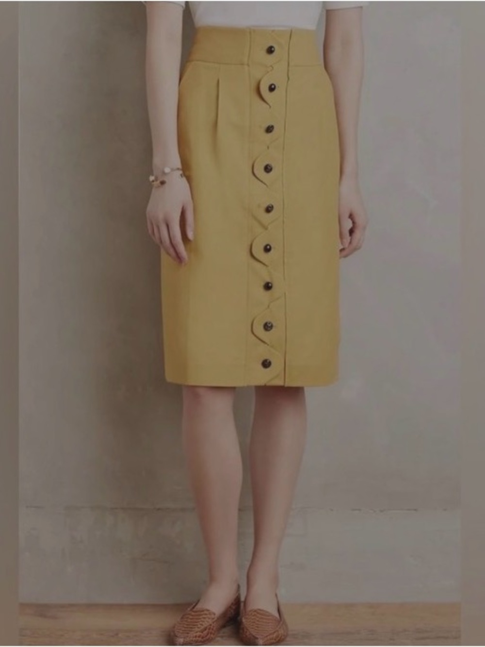 Maeve Anthropologie Ada Mustard Yellow Skirt Button Front Scalloped Pencil 4